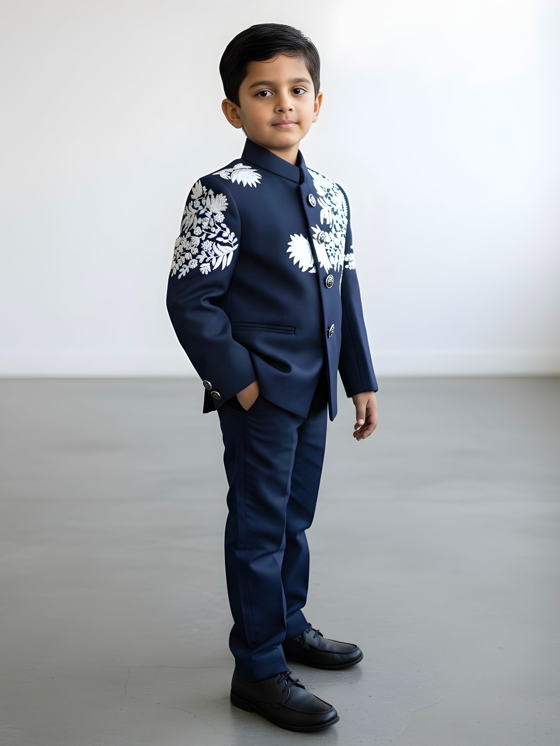 Jodhpuri Style Blue Set with White Thread Embroidery