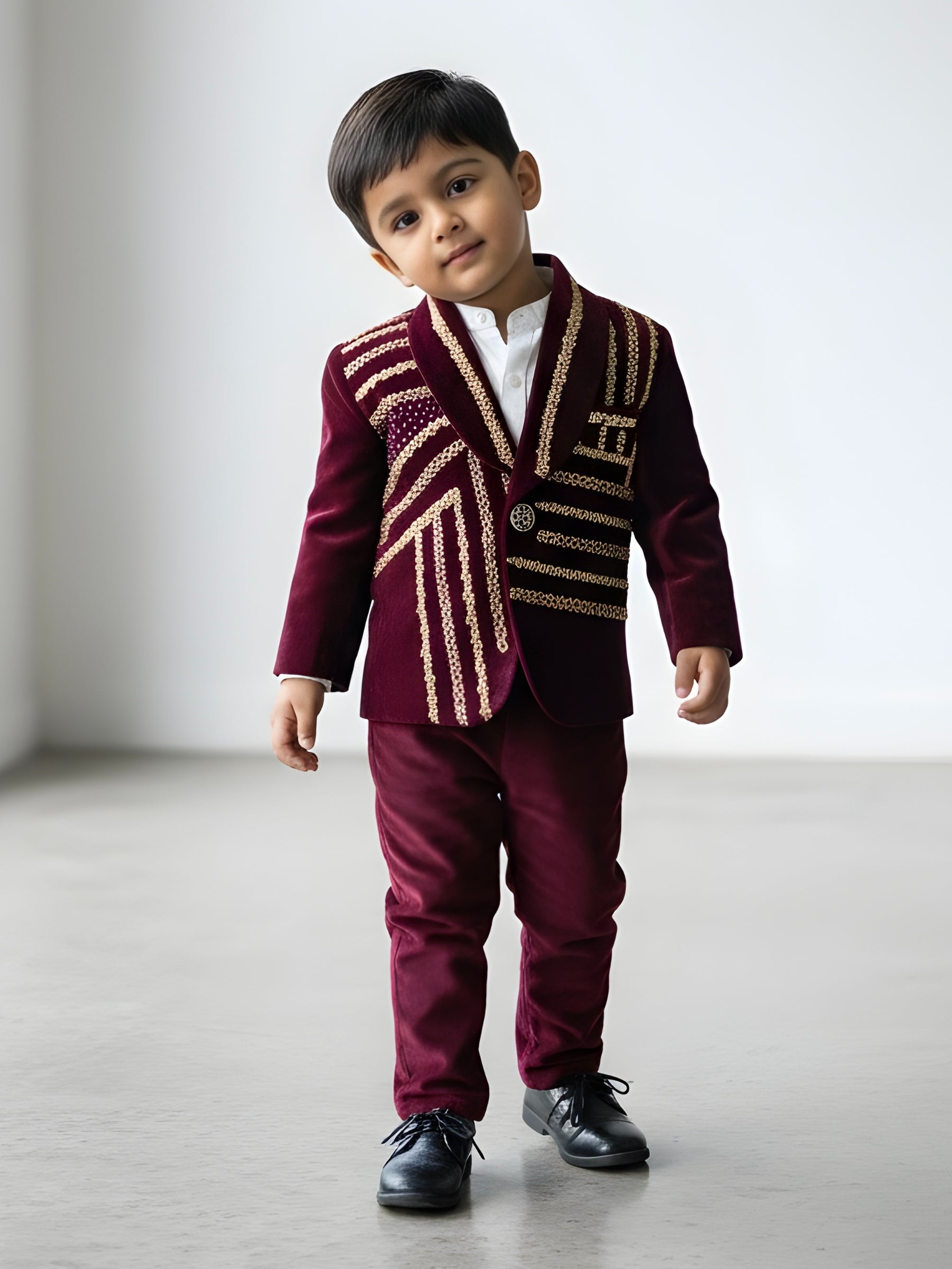 Wine Color Gold Embroidered Blazer with Pant and Shirt