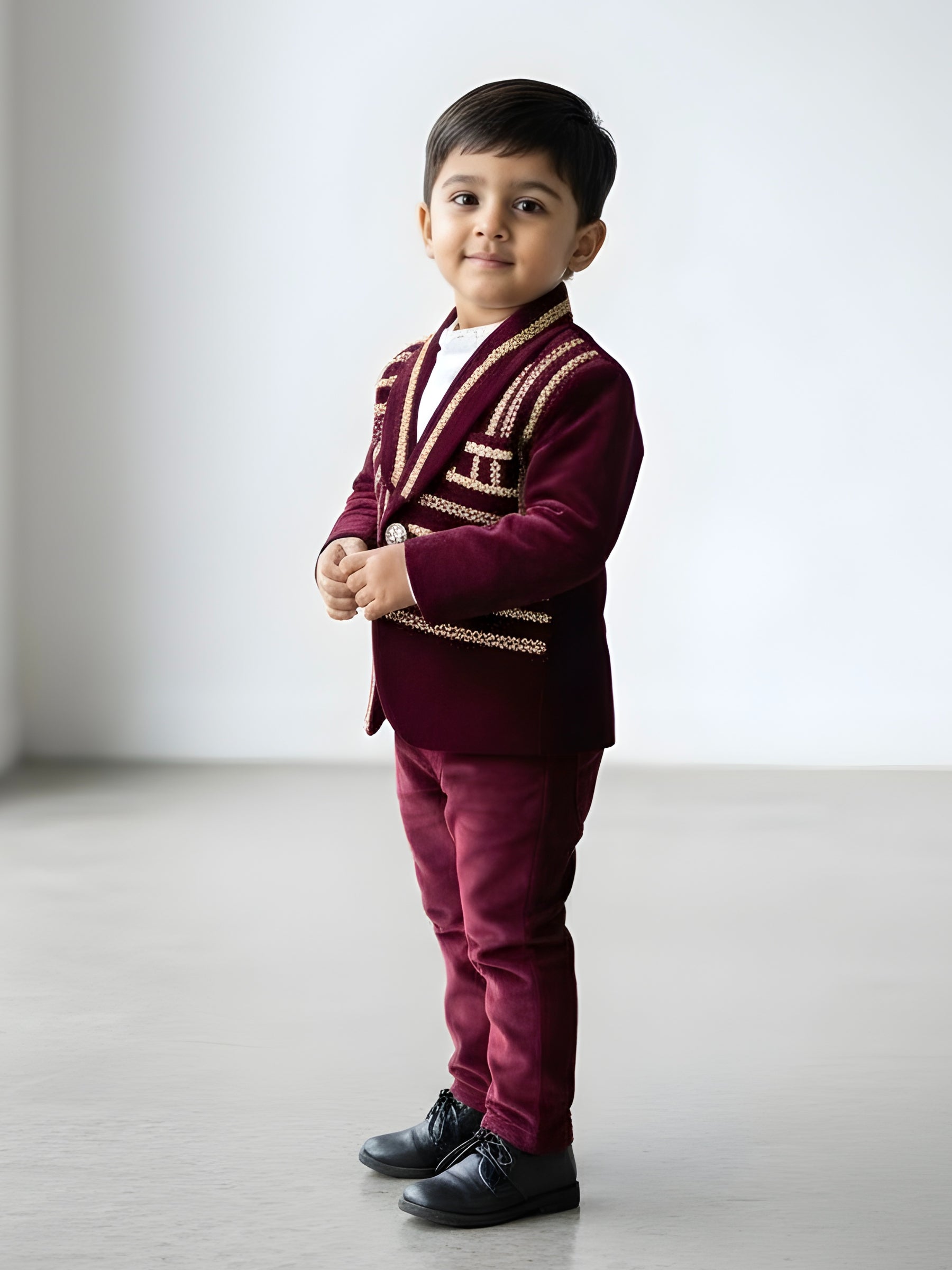 Wine Color Gold Embroidered Blazer with Pant and Shirt