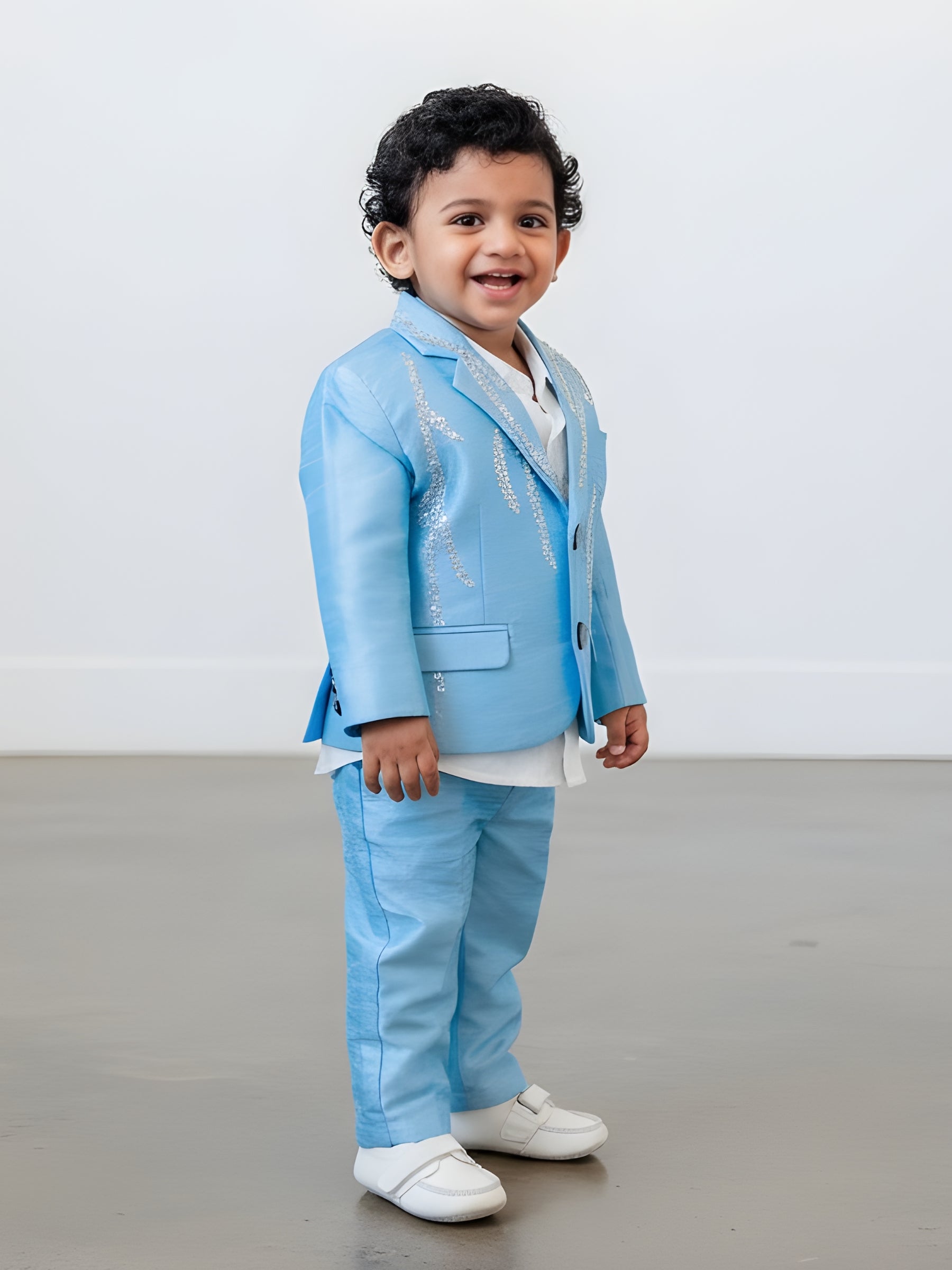 Little Royal Ice Blue Crystal-Worked Prince Suit