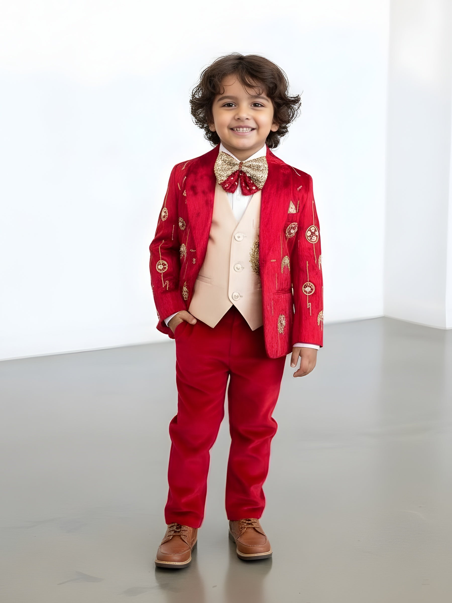 Grand Monarch Ruby Velvet Luxury Prince Blazer Set with Heritage Gold Embroidery & Designer Bow
