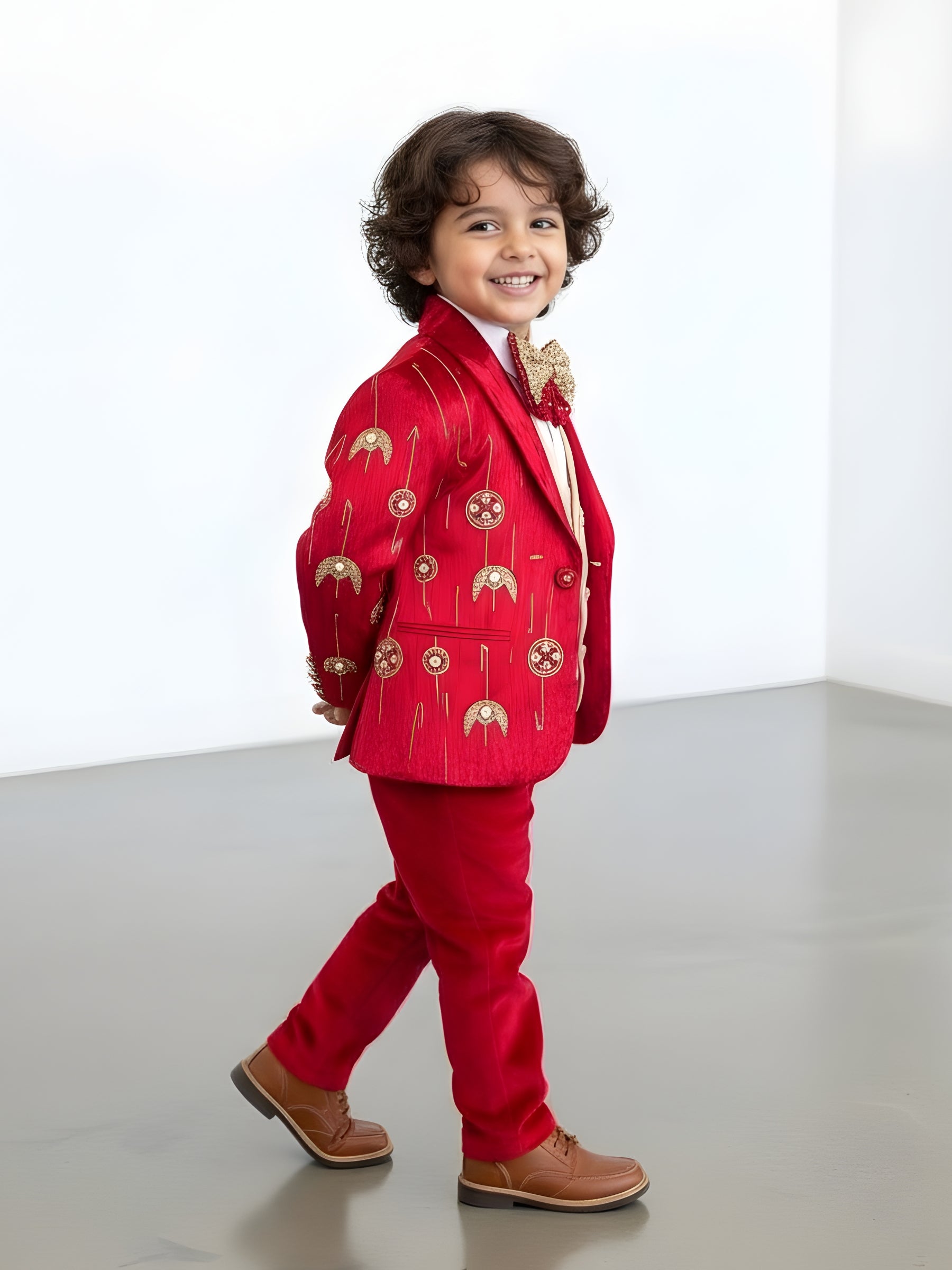 Grand Monarch Ruby Velvet Luxury Prince Blazer Set with Heritage Gold Embroidery & Designer Bow