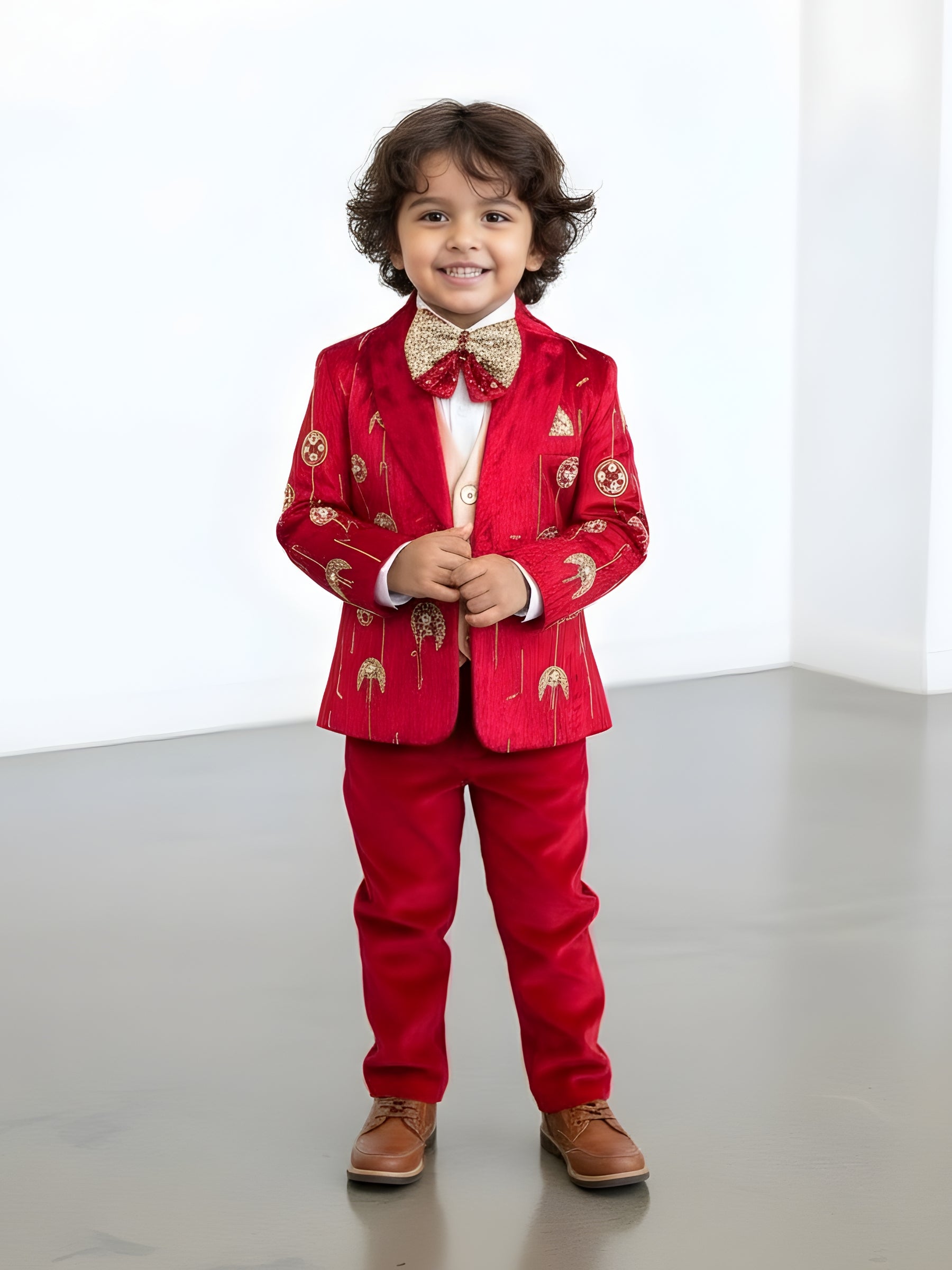 Grand Monarch Ruby Velvet Luxury Prince Blazer Set with Heritage Gold Embroidery & Designer Bow