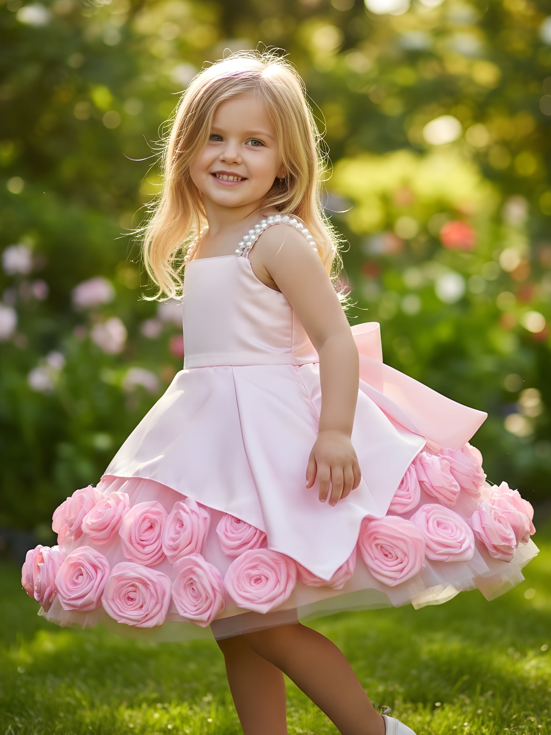 Princess-Style Pink Rose Embellished Special Occasion Dress with Double Pearl Shoulder Straps