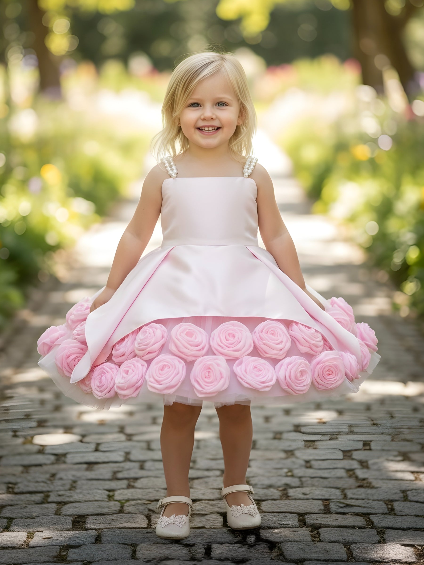 Princess-Style Pink Rose Embellished Special Occasion Dress with Double Pearl Shoulder Straps