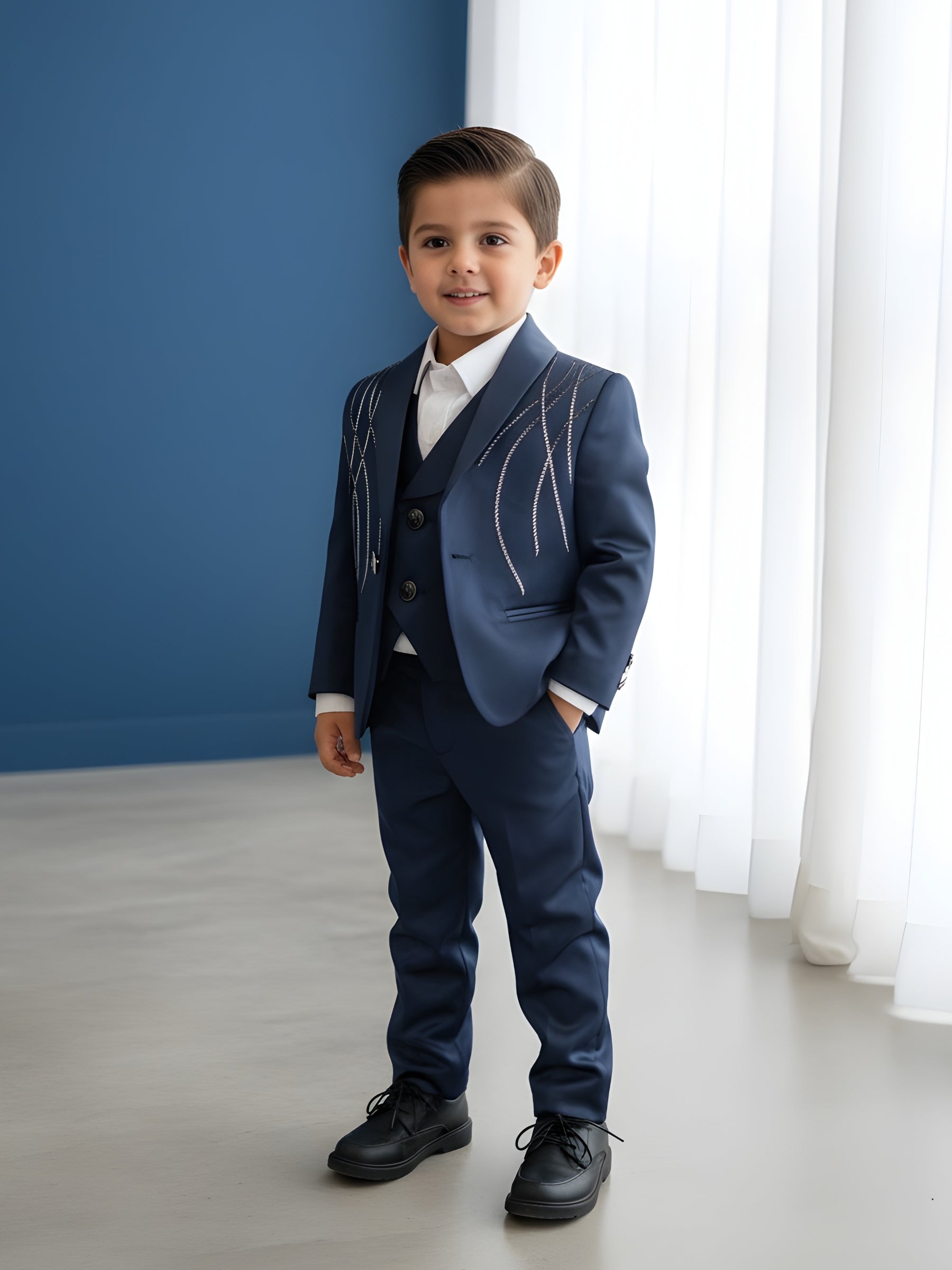 Navy Blue Embroidered Blazer with Waist Coat, Pant and Shirt