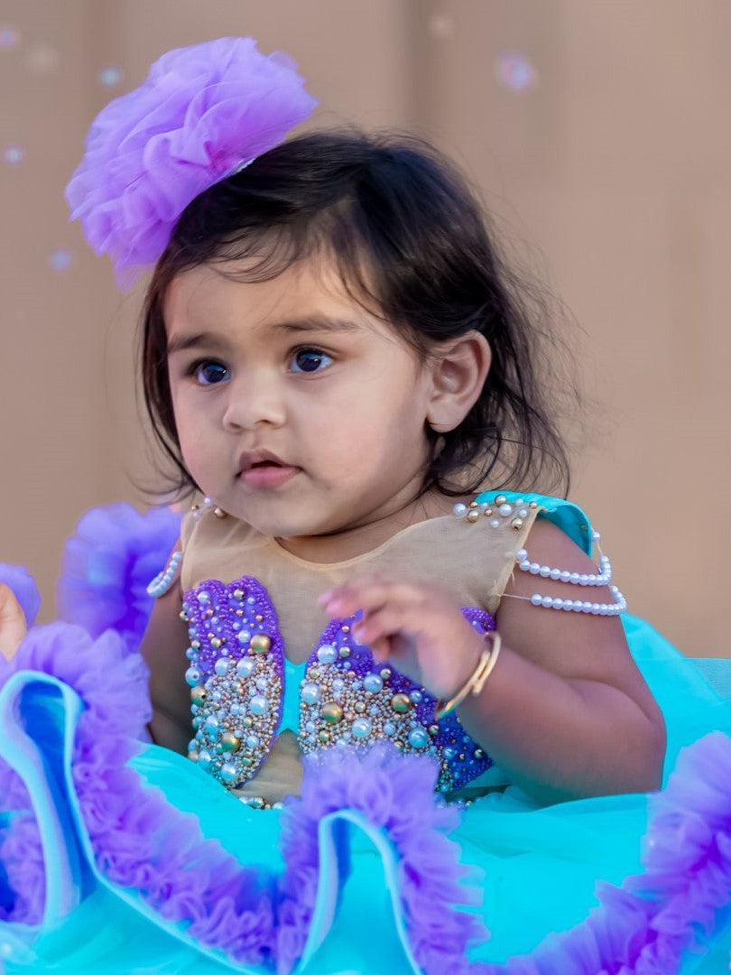 Turquoise And Lavender Mermaid Gown With Ruffle Layers