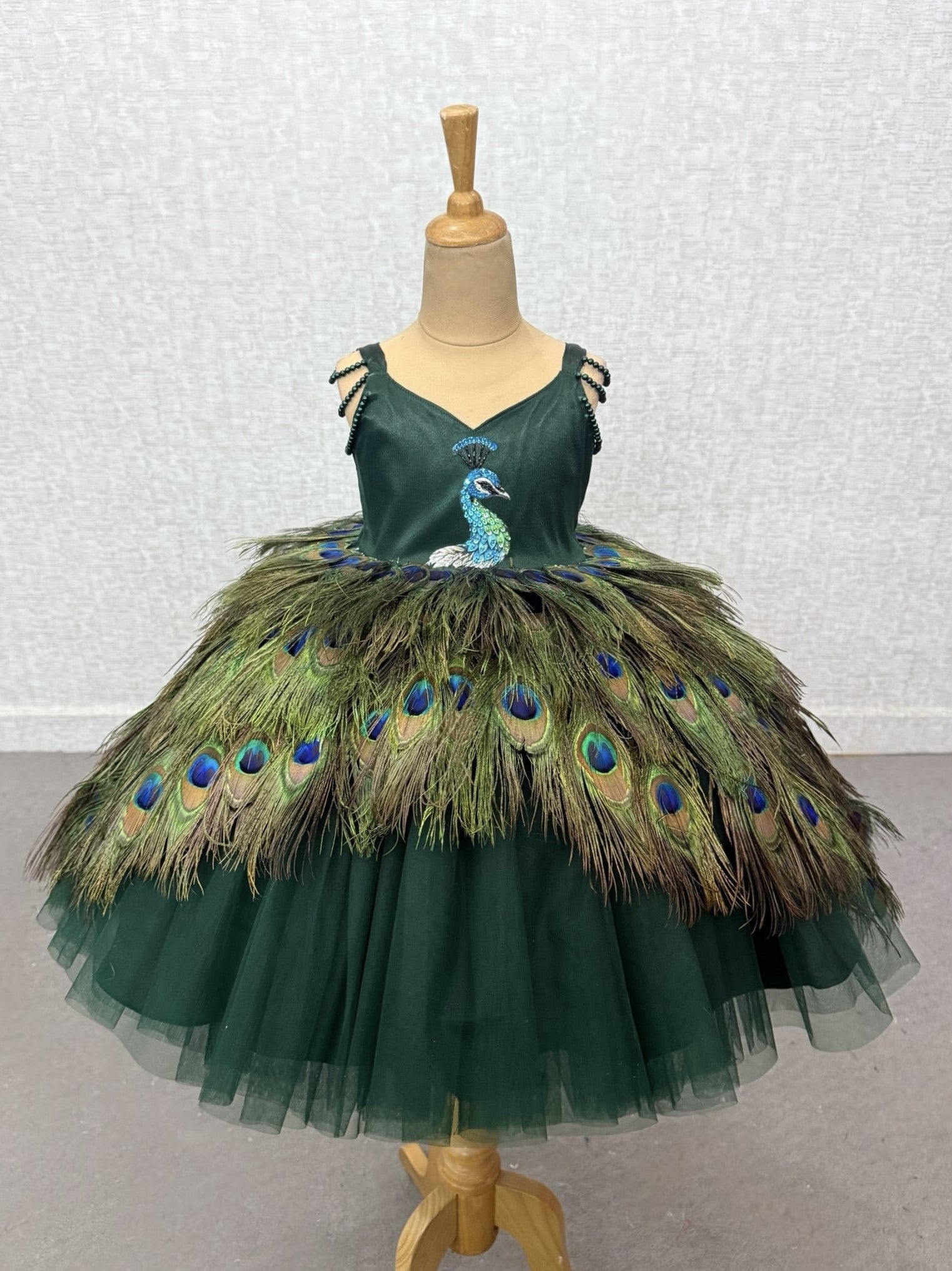 Emerald Peacock Royale Feather-Flare Princess Designer Gown