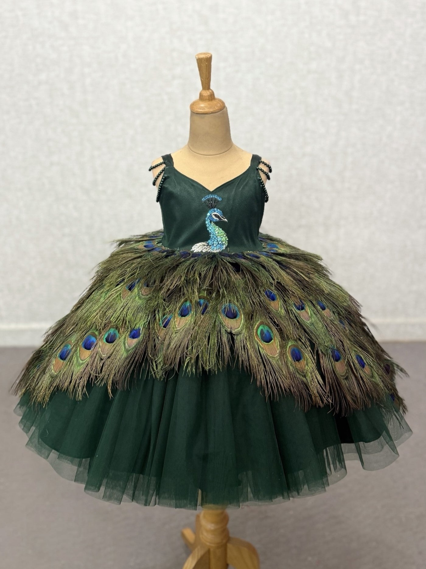 Emerald Peacock Royale Feather-Flare Princess Designer Gown