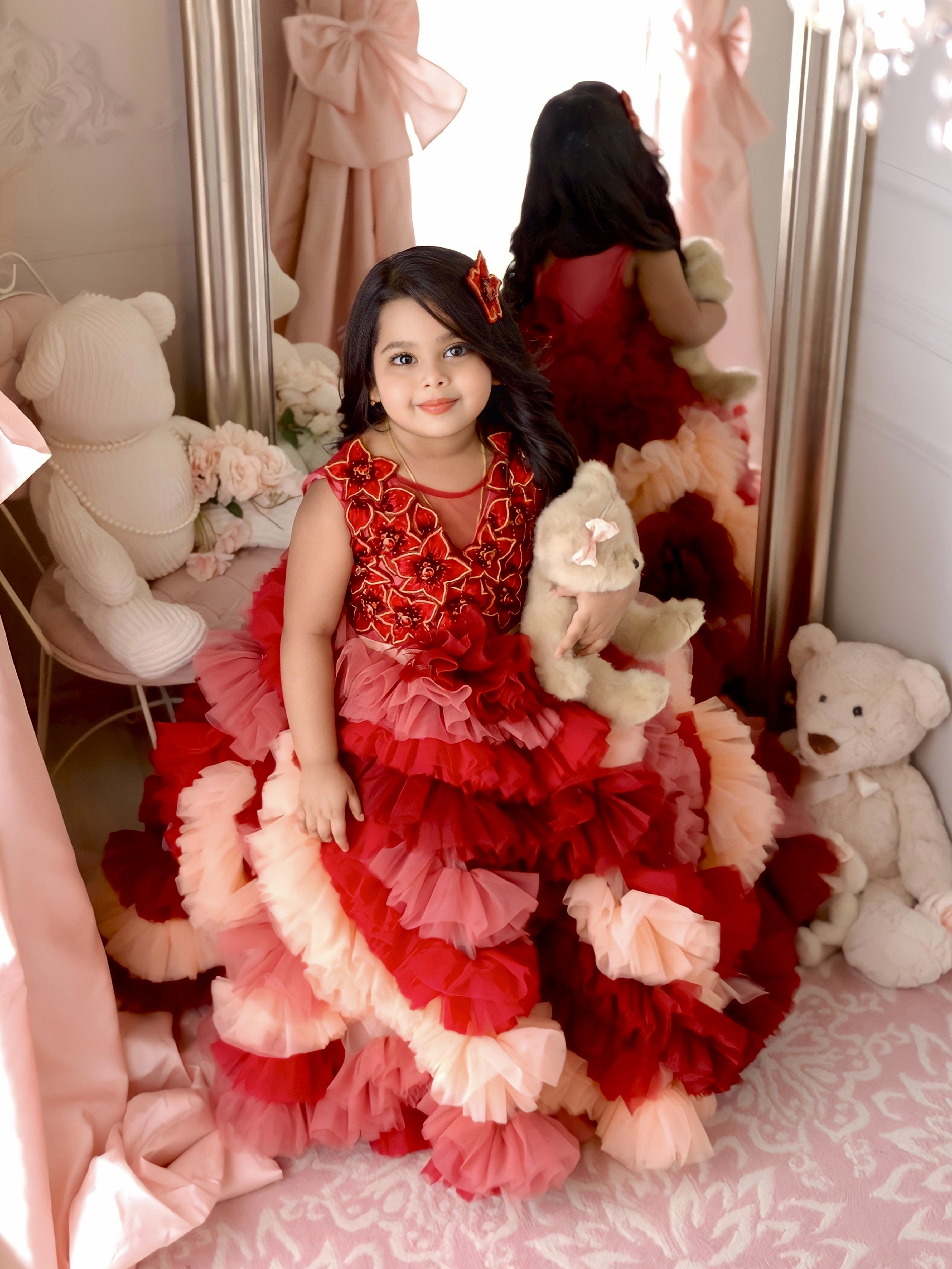 Red Velvet Petal Ruffle Ball Gown