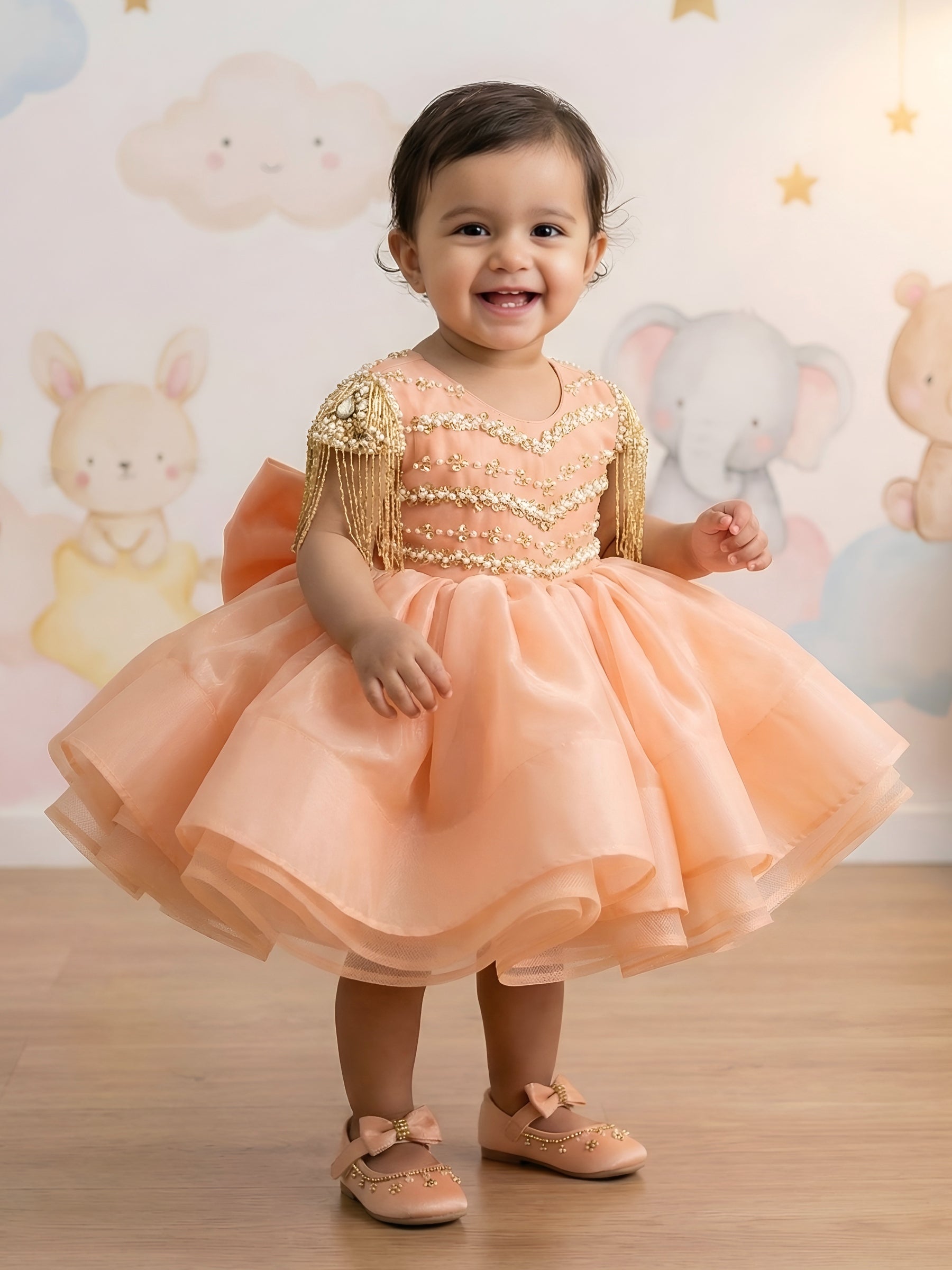 Peach Blossom Royale Gold Embellished Princess Party Gown