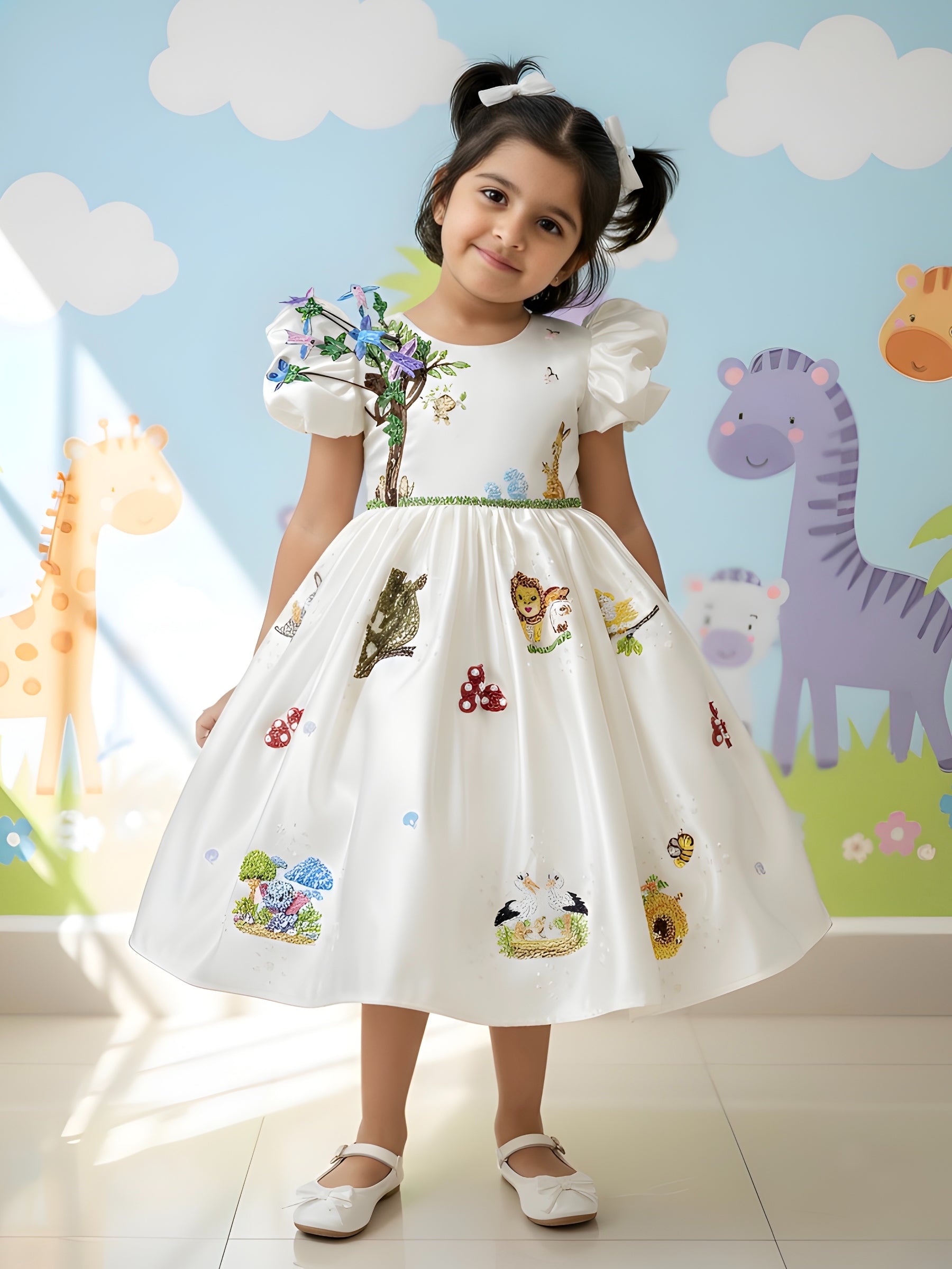 Ivory Enchanted Storybook Garden Puff-Sleeve Princess Designer Dress