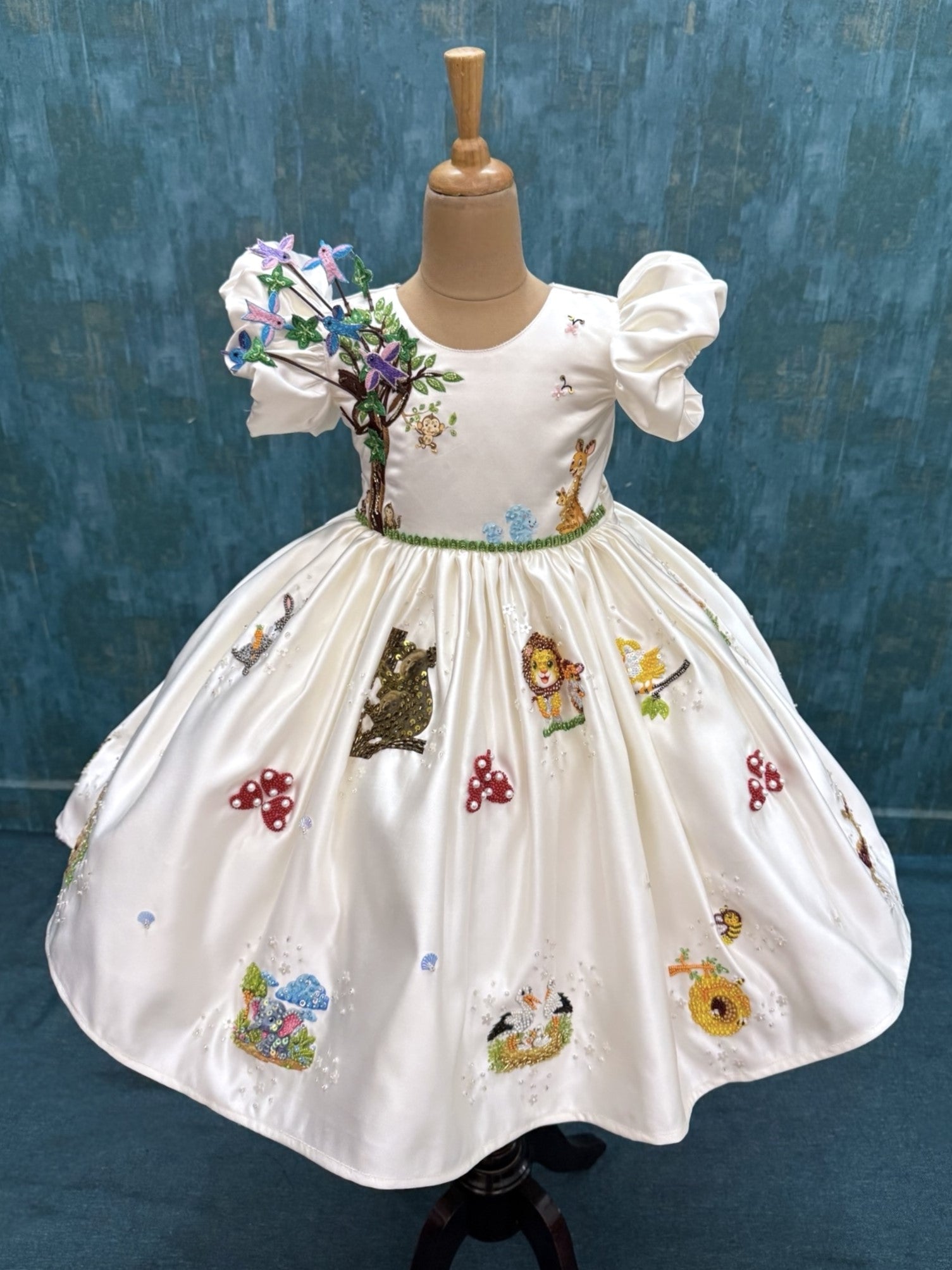 Ivory Enchanted Storybook Garden Puff-Sleeve Princess Designer Dress