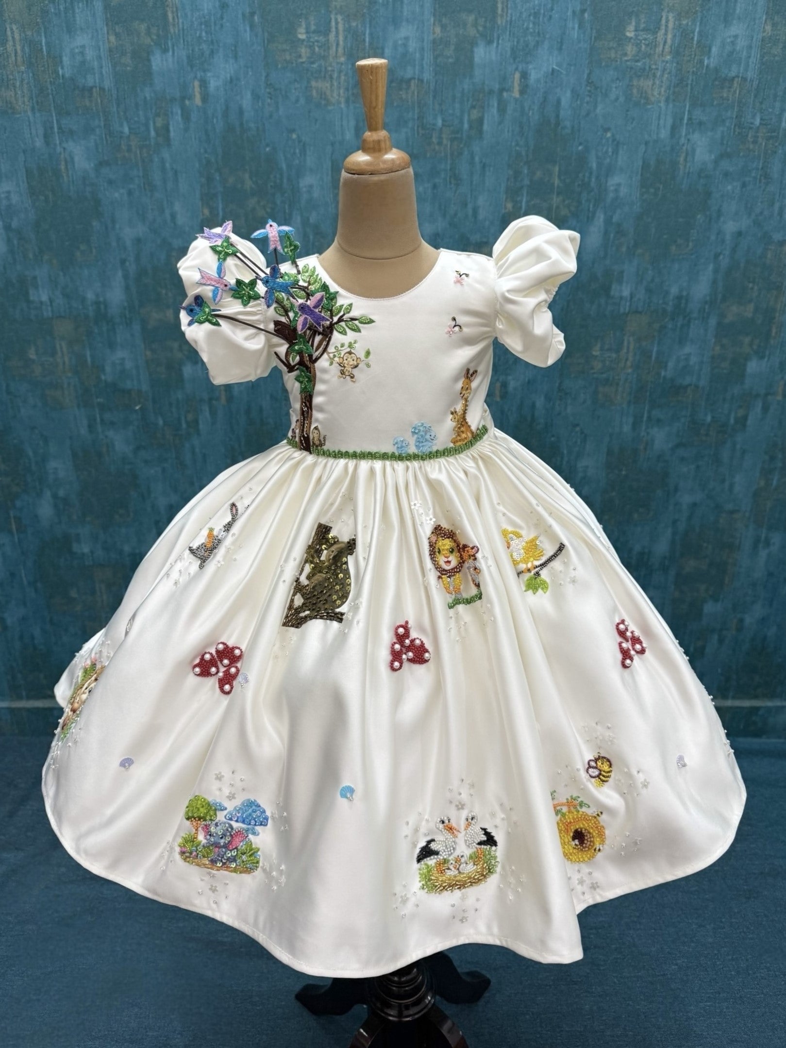 Ivory Enchanted Storybook Garden Puff-Sleeve Princess Designer Dress