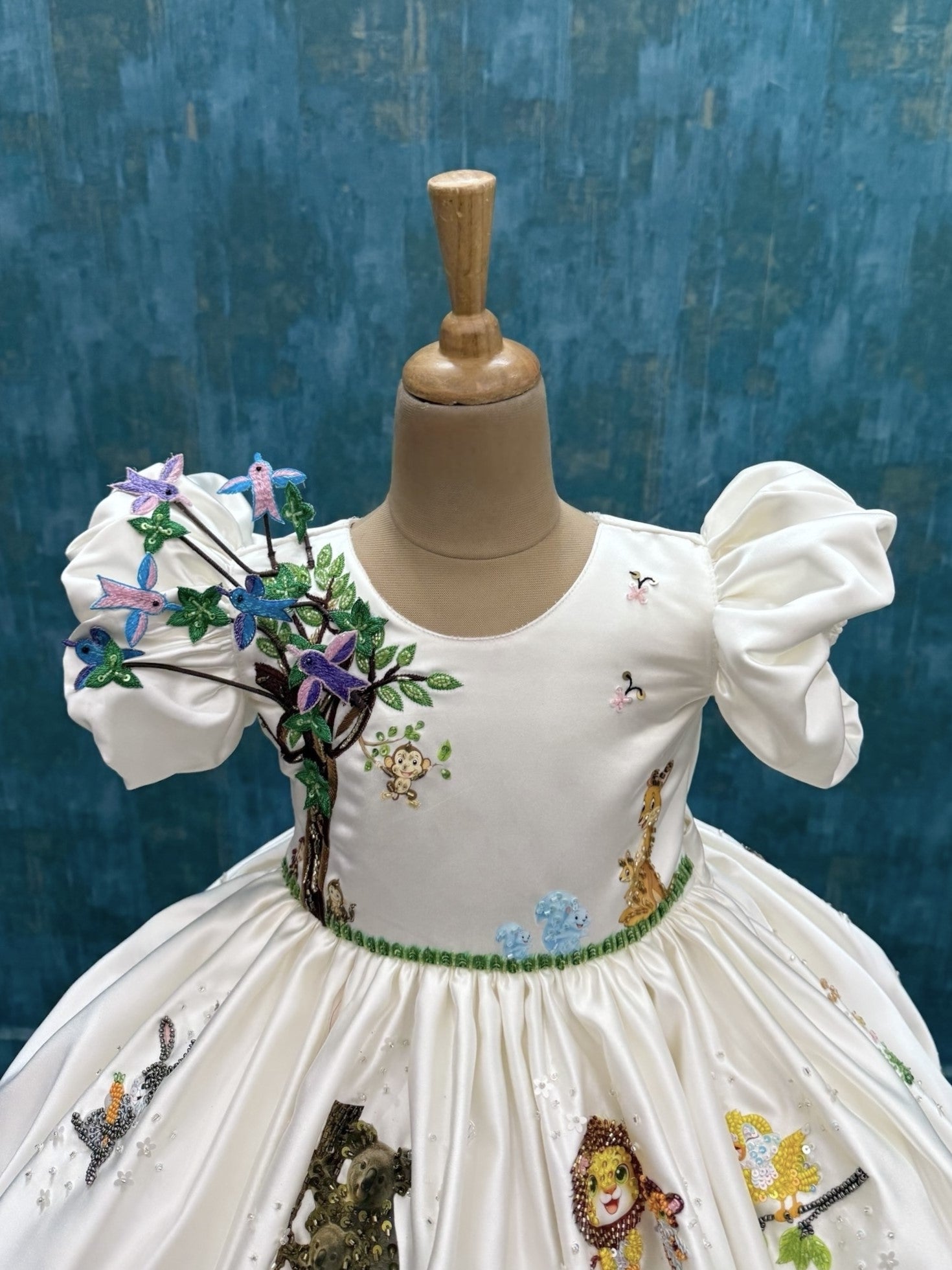 Ivory Enchanted Storybook Garden Puff-Sleeve Princess Designer Dress