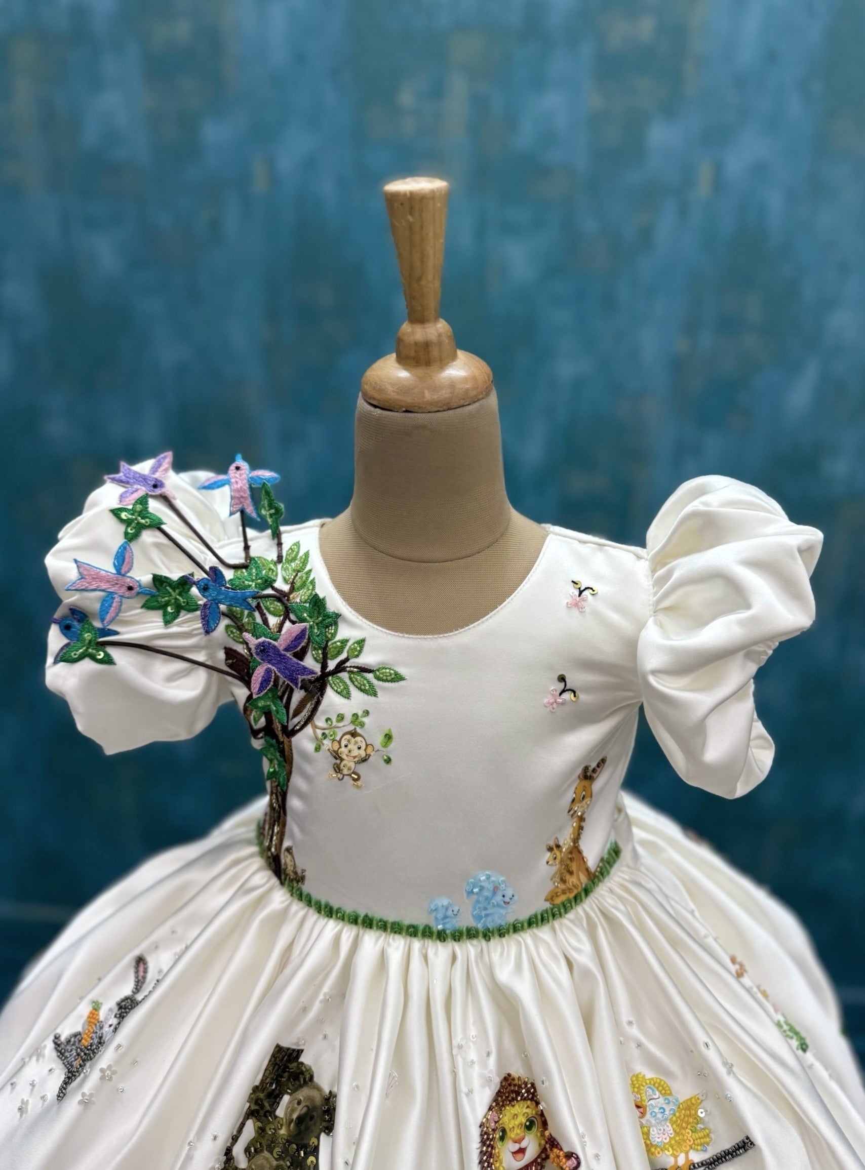 Ivory Enchanted Storybook Garden Puff-Sleeve Princess Designer Dress