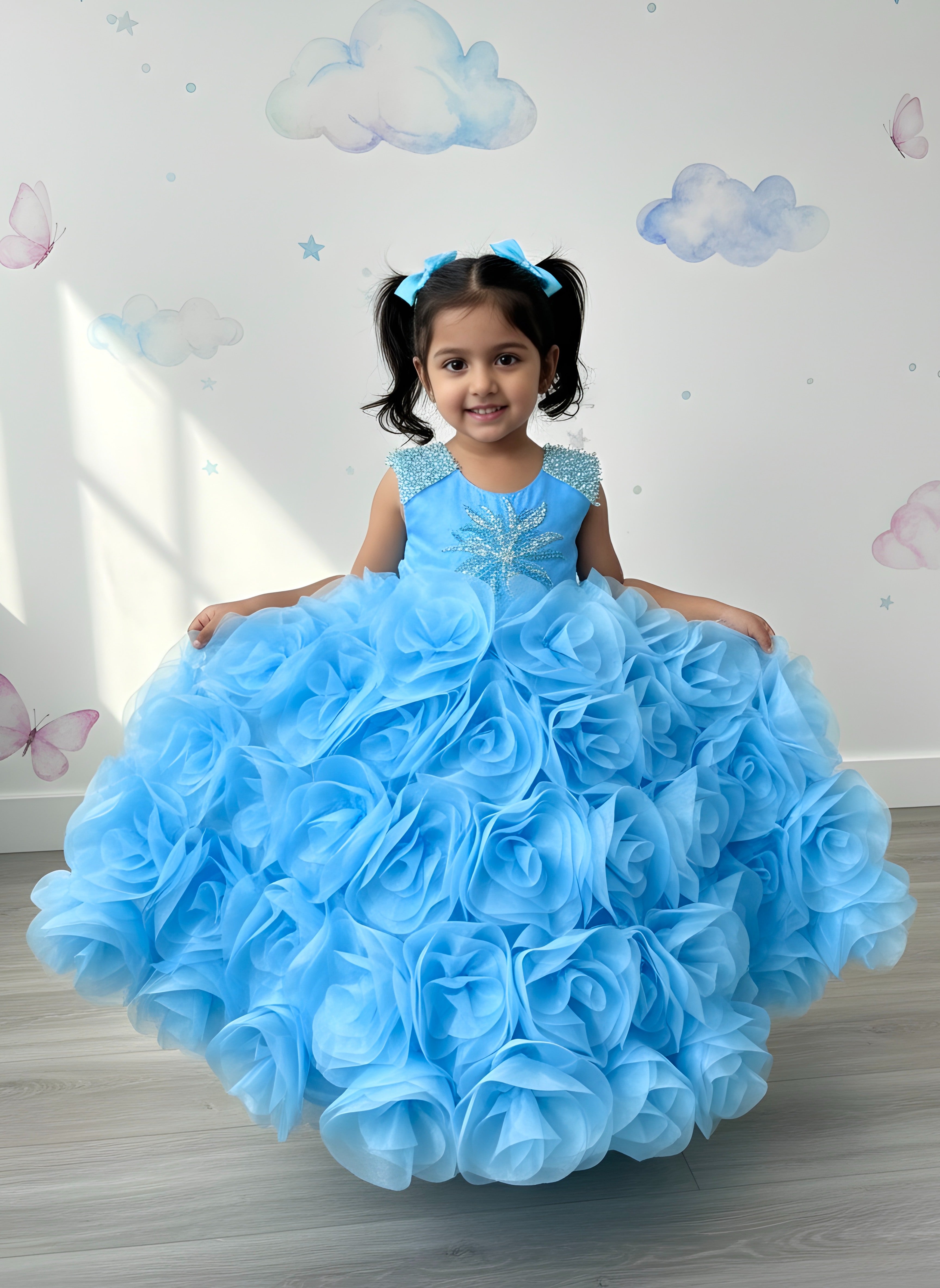 Sky Bloom Royale Rosette Princess Couture Ball Gown