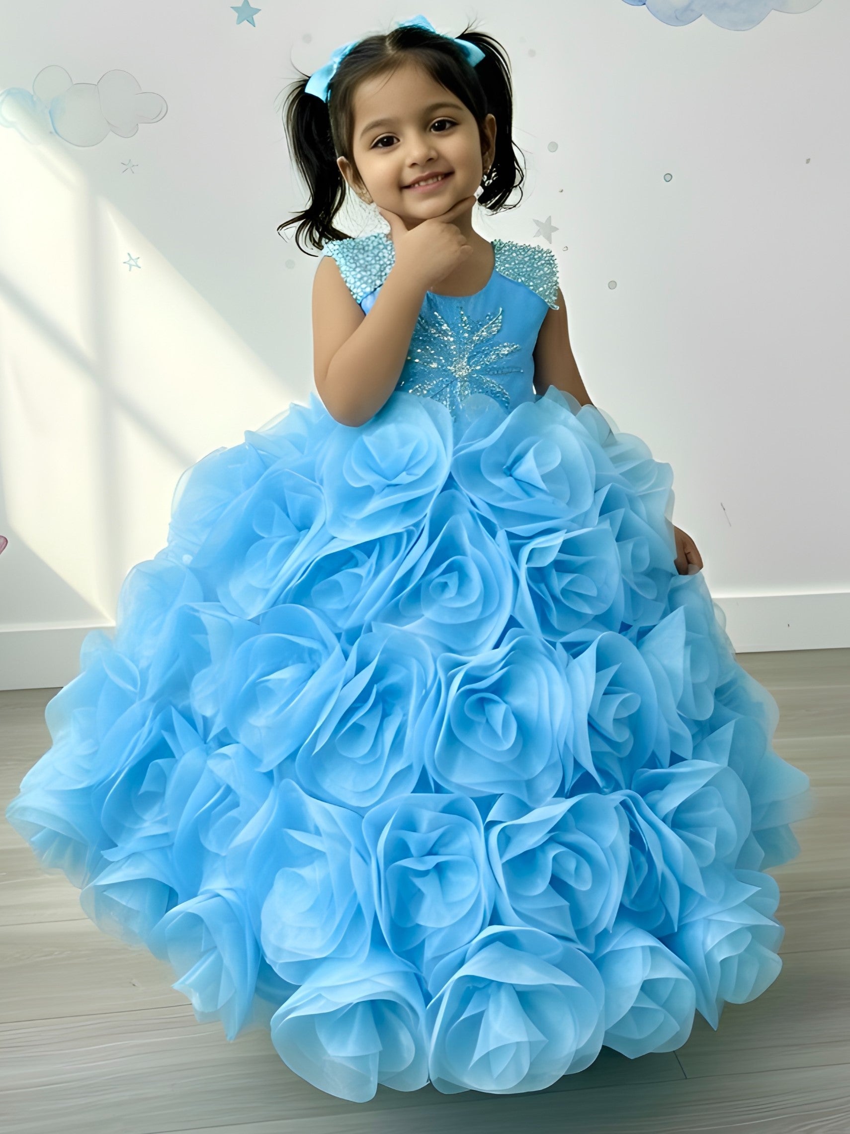 Sky Bloom Royale Rosette Princess Couture Ball Gown